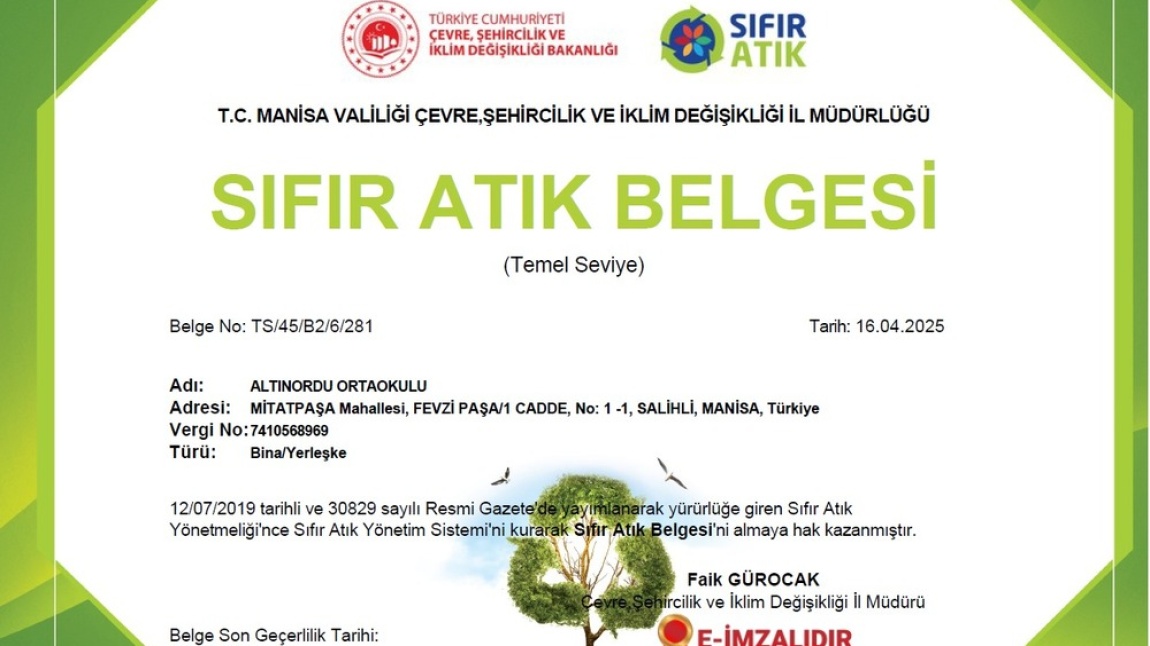 Okulumuz Sıfır Atık Belgesini Aldı